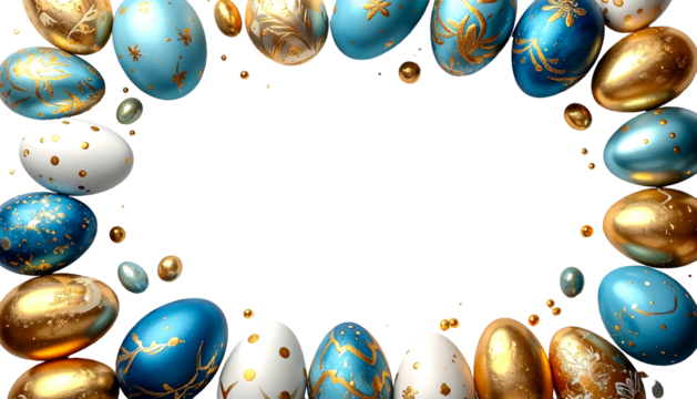 Decorative frame of gold and blue Easter eggs against a black background, leaving space for text in the center