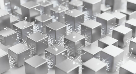 A futuristic abstract background depicting a network of glowing nodes and interconnected silver cubes, symbolizing big data, blockchain, and digital technology