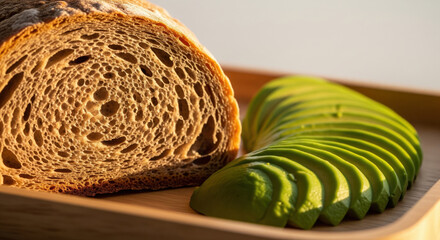 Fototapeta premium Sliced whole grain bread and fresh avocado arranged on wooden tray, showcasing healthy, natural breakfast option in warm morning light