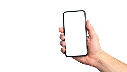 Hand holding a blank-screen smartphone against a black background, offering a mockup or advertisement space