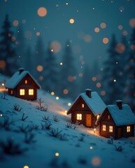 Fototapeta premium Winter cabin evening with glowing lights in snowy forest, cozy wooden houses in peaceful snowfall with warm window glow and bokeh magic
