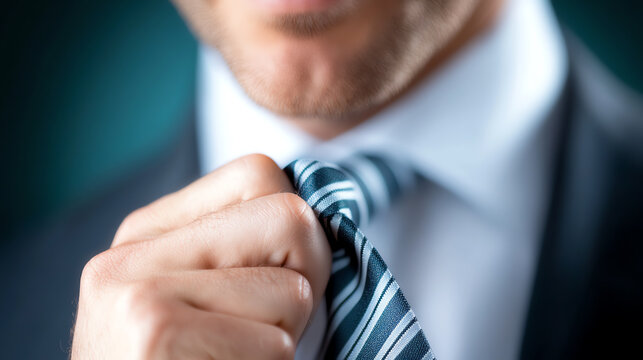 A close-up of a man adjusting his tie, reflecting professionalism and preparation for a dynamic work environment.