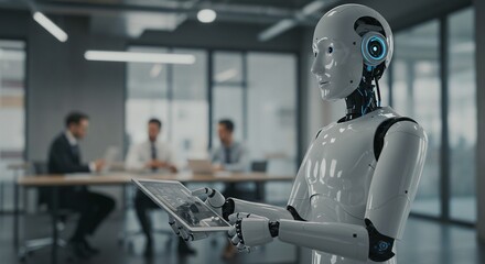 Futuristic android holding a tablet in a modern office setting with colleagues in background.