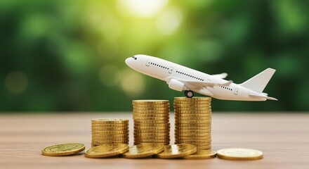A toy airplane sits on stacks of coins, symbolizing financial planning for future travel.