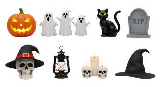 Halloween decorations isolated on transparent background including ghosts and pumpkin