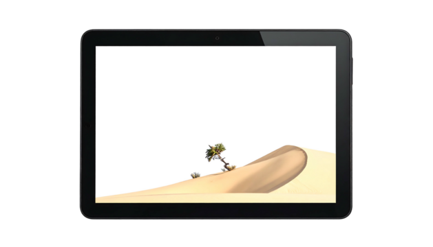 Tablet displays a desert scene with a sand dune and small tree against a stark white background on the screen