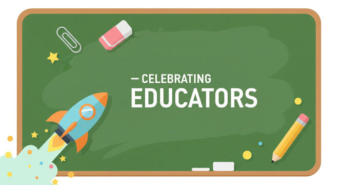 Celebrating educators with green chalkboard rocket pencil eraser paperclip and stars symbolizing creativity inspiration and appreciation in education