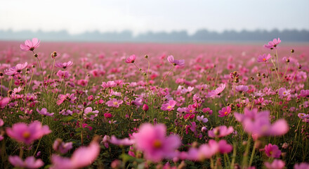 Vibrant field of pink cosmos flowers in full bloom under a hazy sky.