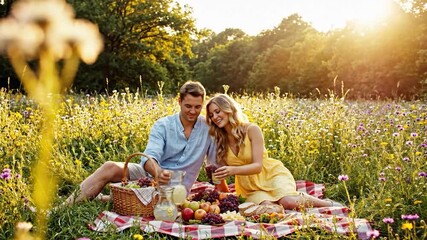 Happy couple enjoying picnic outdoors in sunny wildflower field during summer leisure activity