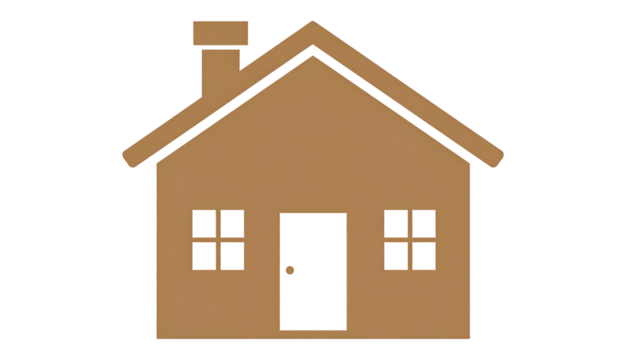 Simple house icon with brown walls, white door and windows, and a chimney, isolated on a black background