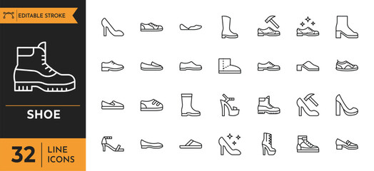 A modern set of shoe icons in minimalist line style with editable strokes, ideal for fashion apps, e-commerce platforms, product catalogs, and lifestyle branding