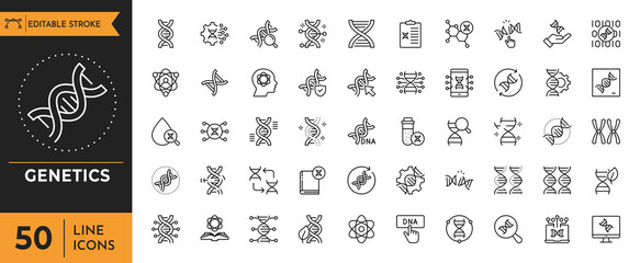 A minimalist line icon set illustrating genetics and DNA concepts, designed with editable strokes for flexible use in scientific, educational, and medical visuals