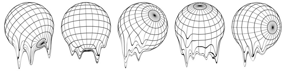 Melted Globe grid spheres. Striped 3D spheres, geometry globe grid, earth latitude and longitude line grid