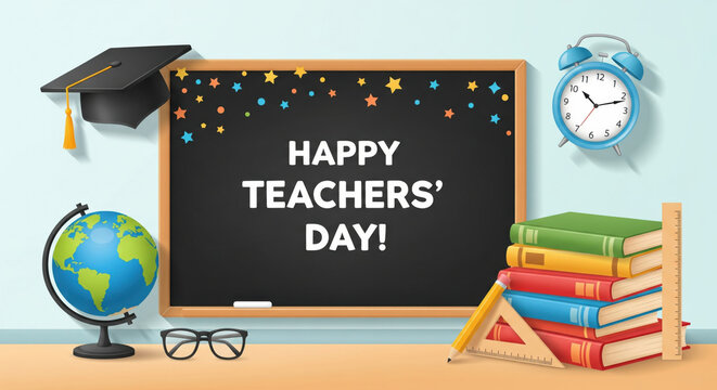 Happy Teachers Day message on blackboard with colorful stars graduation cap alarm clock globe books ruler and eyeglasses celebrating education and appreciation
