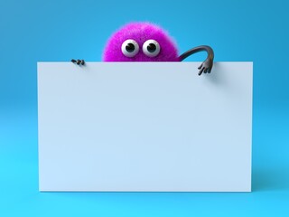 Fluffy, cute monster holds a blank sign, symbolizes information and advertising display. 3D rendering, conceptual image. Isolated on white background.