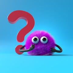 Fluffy, cute monster beside a question mark, symbolizing inquiry or curiosity. 3D rendering, conceptual image. Isolated on white background.