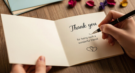 Expressing gratitude: Writing a heartfelt thank you note to a cherished friend for their unwavering support. 