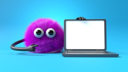 Fluffy, cute monster presenting a laptop, symbolizing tech support or digital learning. 3D rendering, conceptual image. Isolated on white background.