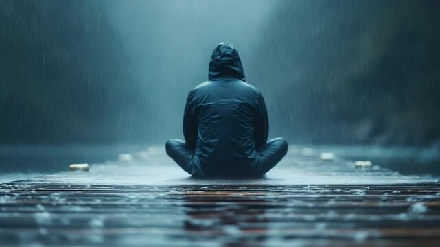 A lone figure meditates on a wet dock, surrounded by a serene, misty environment, evoking a sense of peace and solitude.