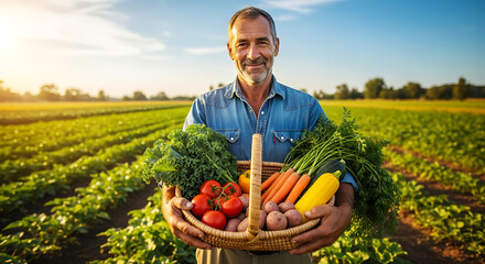 Smiling farmer holding a basket full of freshly picked produce in the middle of his cultivated field on a sunny day
