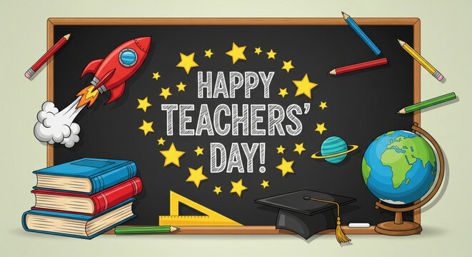 Happy Teachers Day message on blackboard with stars books globe graduation cap rocket pencils and ruler celebrating education and appreciation in cheerful classroom scene