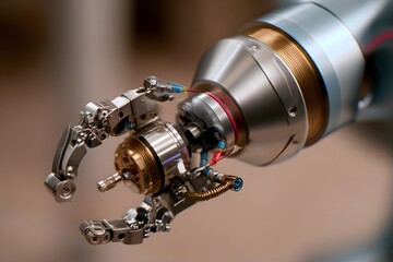 Fototapeta premium Close-up of robotic arm with precision mechanical gripper.