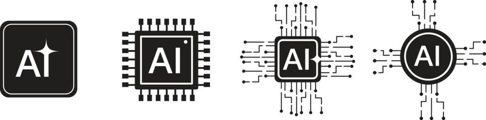 Artificial Intelligence Processor Chip Icon Set ? AI CPU Circuit Vector Collection.Artificial intelligence processor chip icon set featuring modern AI CPU and circuit board designs..eps