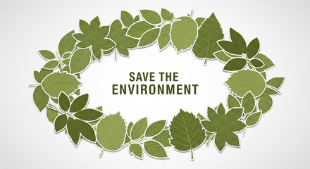 Save environment message surrounded by various green leaves, promoting eco friendly awareness and nature conservation, with clean white background and natural theme