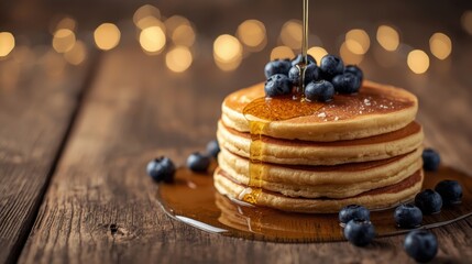 Delicious stack of golden pancakes topped with fresh blueberries and syrup on a rustic wooden table