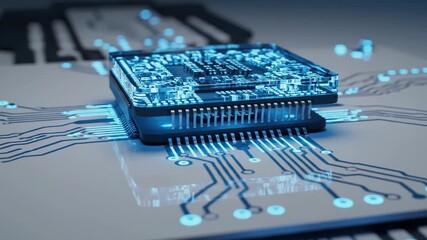 Glowing circuit board with chip, lit with blue, close-up, illustrating technology and data - Powered by Adobe