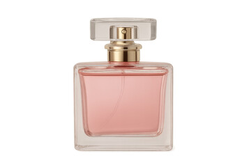 Pink perfume bottle displaying luxury fragrance on transparent background