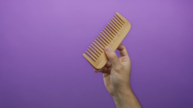 Male hand holding wooden comb against purple background showcasing simplicity and isolation in design concept.