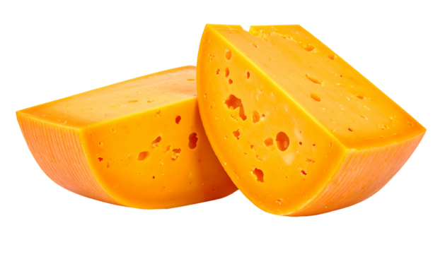 Two cut wedges of cheddar cheese with smooth rind and air holes, on a black background