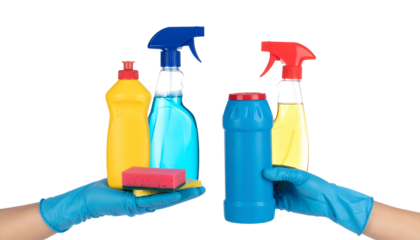 Two hands in blue gloves hold various colorful bottles and a sponge, all against a black background