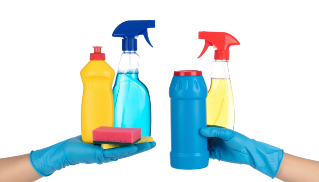 Two hands in blue gloves hold various colorful bottles and a sponge, all against a black background