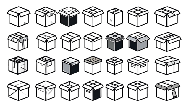 Many black and white line art images of differently shaded cardboard boxes in rows, on a dark background - Powered by Adobe