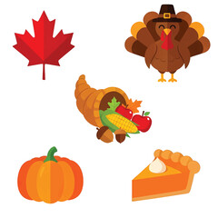 Naklejka premium Flat lay illustration of Canadian Thanksgiving symbols including a maple leaf, turkey, cornucopia, pumpkin, and pie on a white background with warm colors.