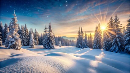 Magical winter forest landscape bathed in golden sunrise light with snow covered evergreen trees and a starry sky above