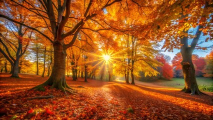 Naklejka premium Golden sunbeams pierce through vibrant autumn trees illuminating a leaf strewn path in a breathtaking forest landscape during the fall season