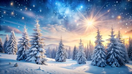 Magical winter wonderland landscape with snow covered evergreen trees under a vibrant starry night sky with aurora borealis and bright sunburst effect