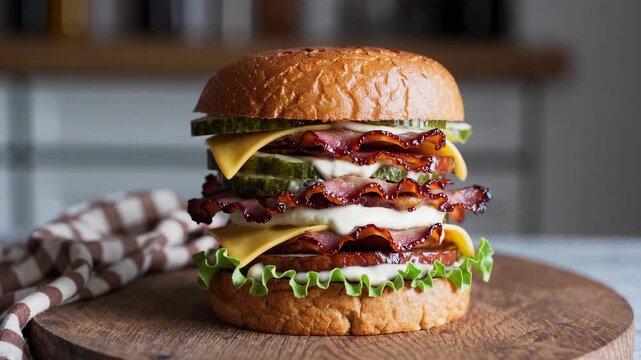 Juicy burger with crispy bacon, cheddar cheese, lettuce, pickles, toasted bun, and creamy mayonnaise stacked for mouthwatering, savory, delicious