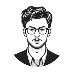 A stylized black and white illustration portrays a man wearing glasses, formal attire, and a beard.