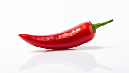 A single vibrant red chili pepper placed against a clean white background, captured in sharp close-up detail.
