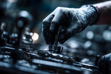 Gloved hands operate industrial machinery in a workshop, highlighting mechanical skill and production process.