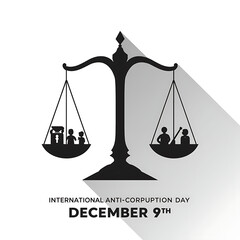 A stylized illustration depicts a scale of justice with figures symbolizing corruption and integrity.