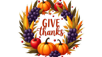 Wreath with pumpkins, grapes, apples, corn, and text give thanks isolated on transparent background