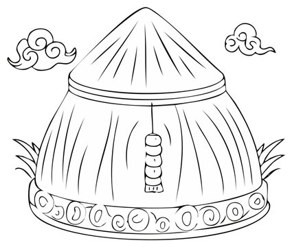 Asian Conical Hat Line Art Illustration with Traditional Clouds and Ornaments