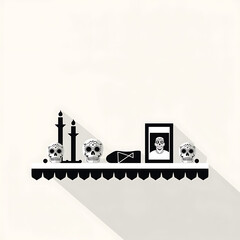 Fototapeta premium A minimalist depiction showcases a decorated shelf with Day of the Dead-themed elements against a light background.