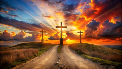 Three wooden crosses stand silhouetted against a dramatic and vibrant sunset sky with radiant sunbeams breaking through fiery clouds symbolizing faith and redemption