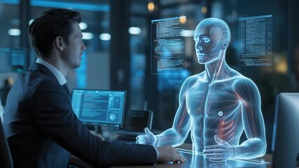 Dynamic futuristic scene: Businessman interacting with human anatomy hologram - Powered by Adobe